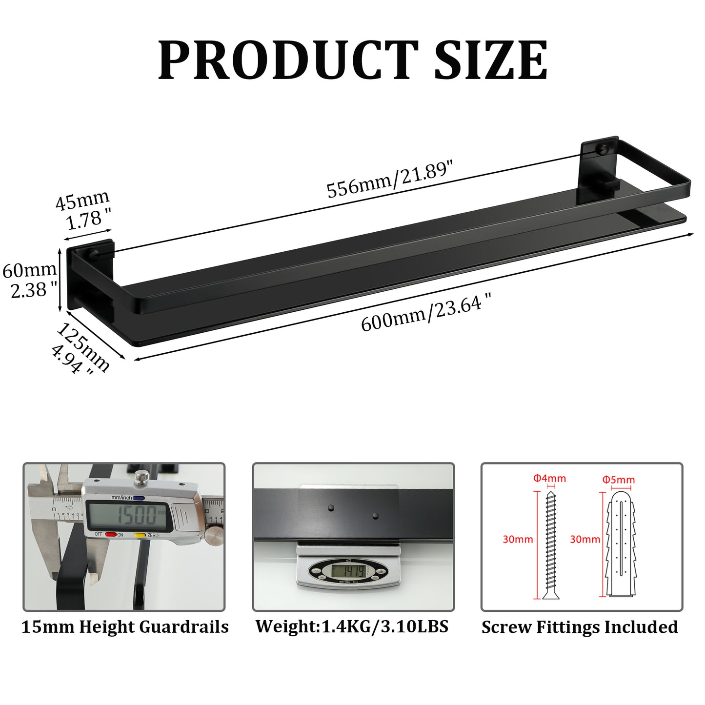 SAYAYO Bathroom Shelf Tempered Glass Shelf Wall Mounted, Black/ Brushed/ Gold Shower Storage with SUS304 Stainless Steel Rail, 38CM/ 50CM/ 60CM Length