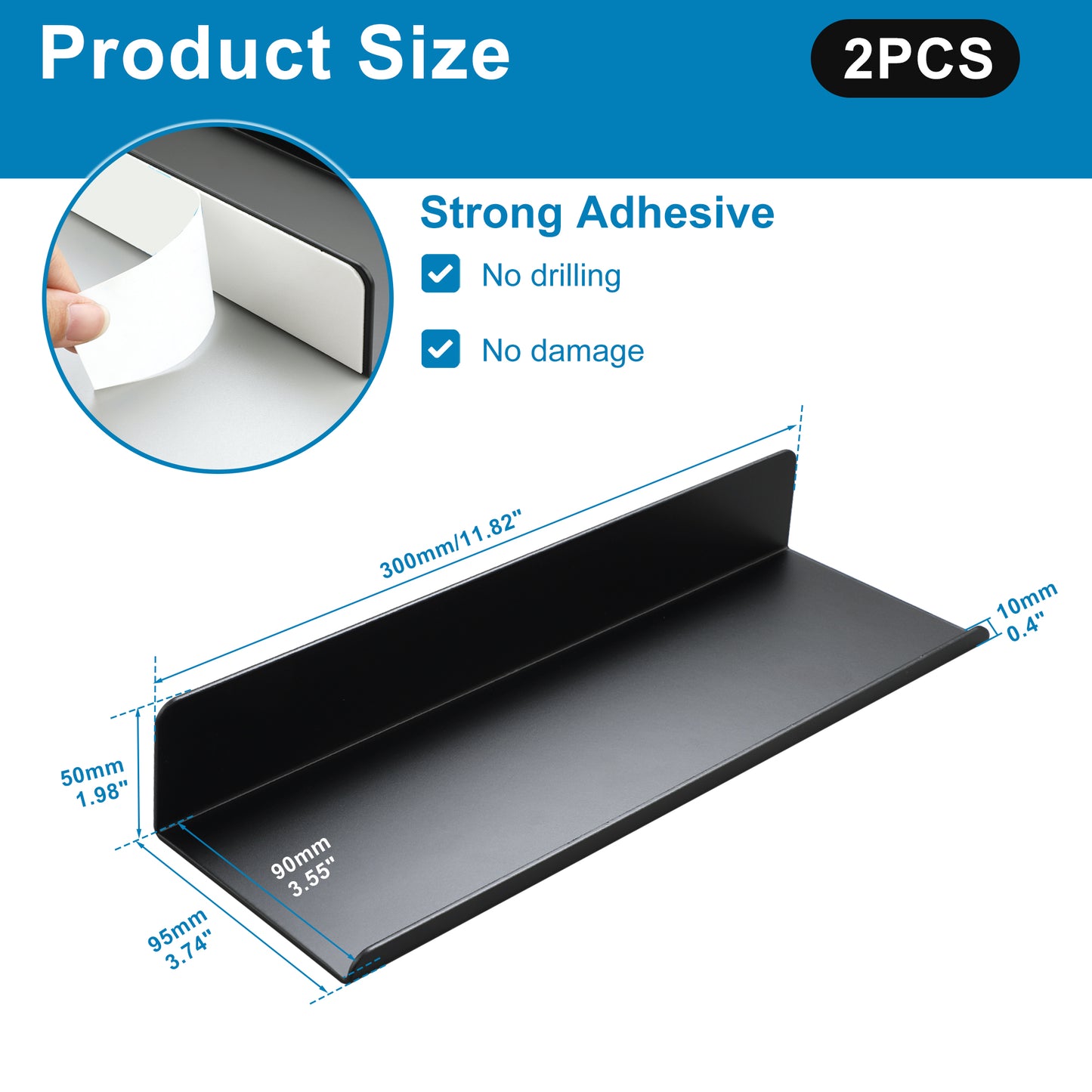 SAYAYO Floating Shelves Self Adhesive, Stick on Wall Display Storage Shelf for Bedroom, Bathroom, Kitchen, Living Room, Office, No Drilling, Set of 2, White/ Black, 20CM - 40CM