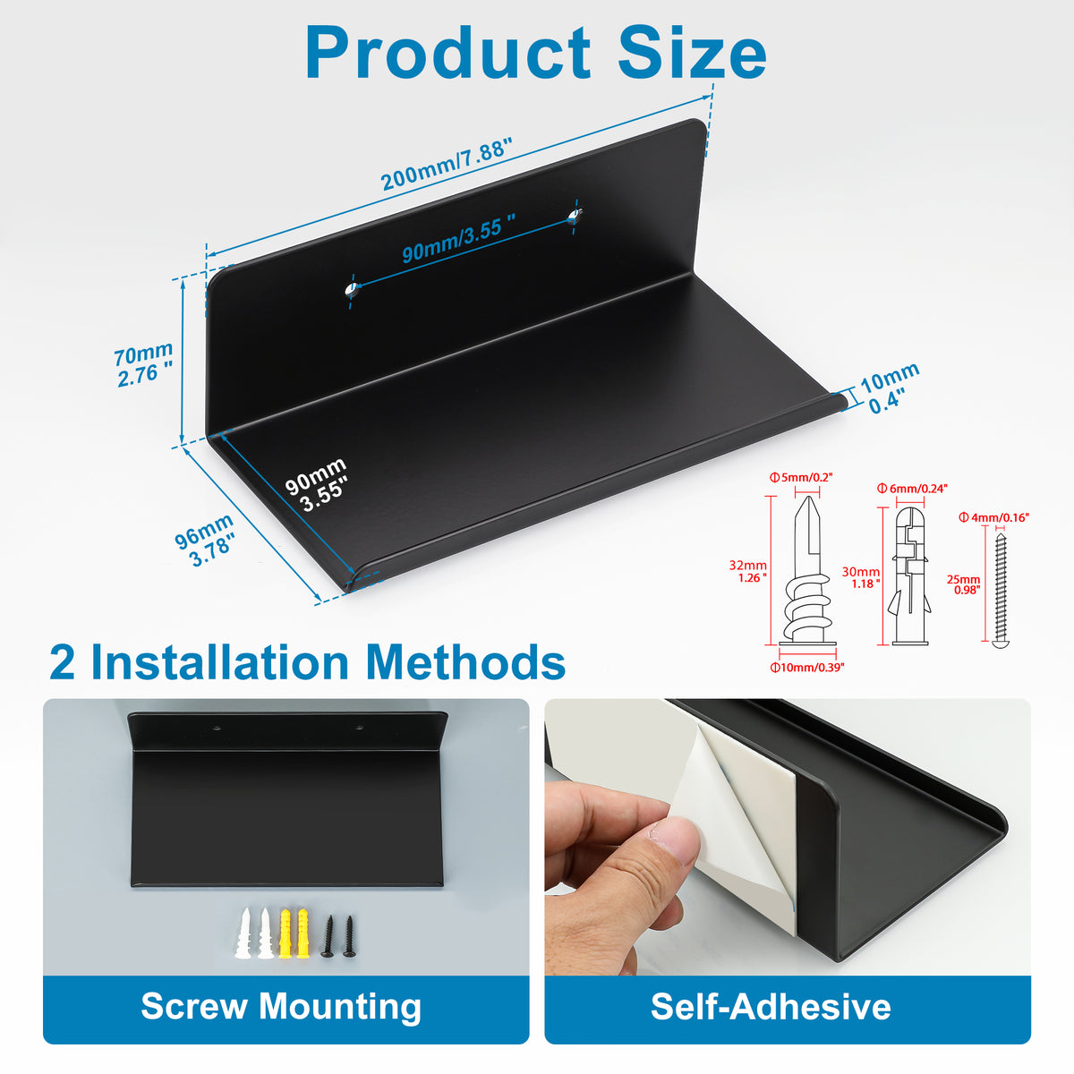 SAYAYO Floating Shelves, Adhesive or Screws Fixing Small Shelf for Wall Picture Book Display Shelves for Living Room, Bedroom, Bathroom, Kitchen, No Drilling, White/ Black, 20CM - 40CM