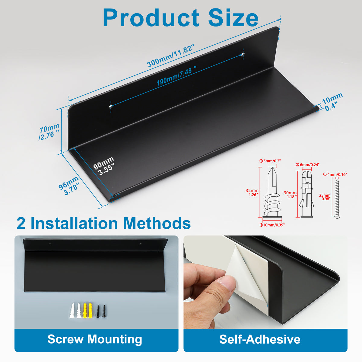 SAYAYO Floating Shelves, Adhesive or Screws Fixing Small Shelf for Wall Picture Book Display Shelves for Living Room, Bedroom, Bathroom, Kitchen, No Drilling, White/ Black, 20CM - 40CM