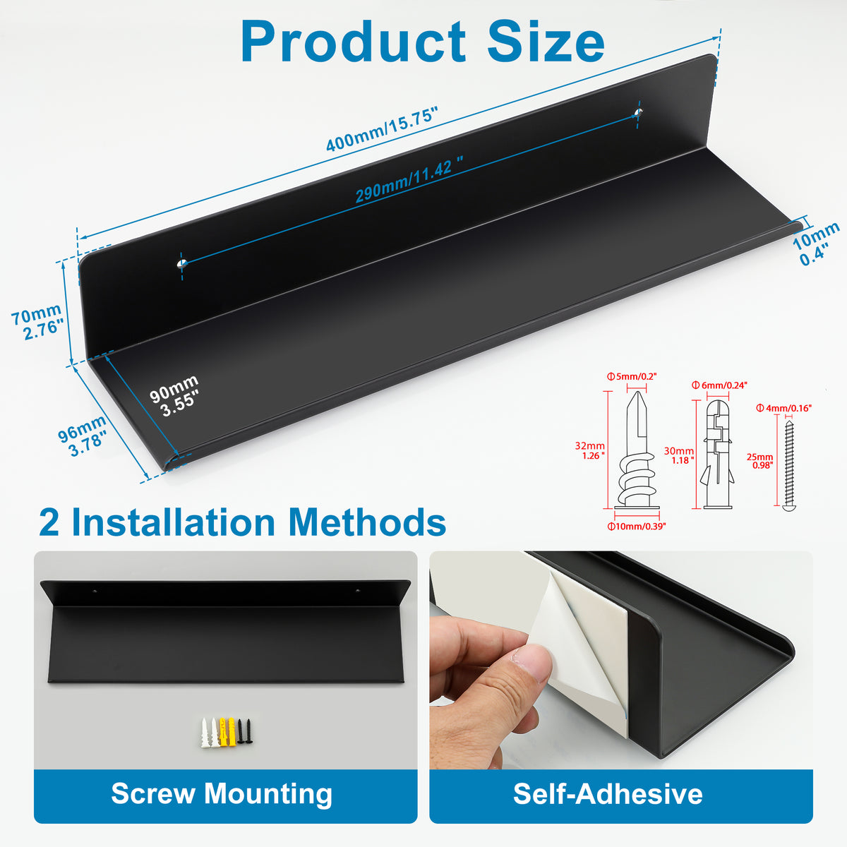 SAYAYO Floating Shelves, Adhesive or Screws Fixing Small Shelf for Wall Picture Book Display Shelves for Living Room, Bedroom, Bathroom, Kitchen, No Drilling, White/ Black, 20CM - 40CM