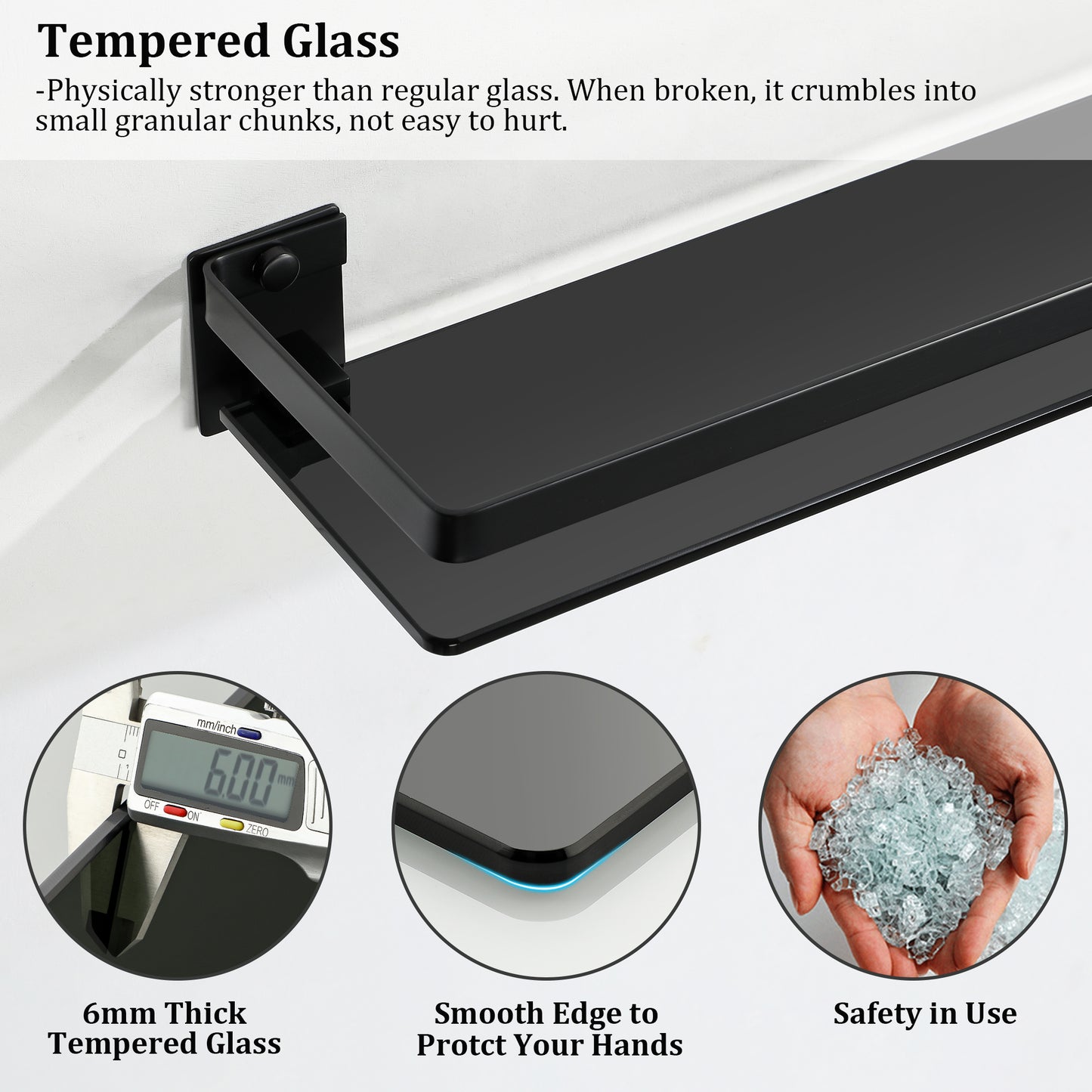 SAYAYO Bathroom Shelf Tempered Glass Shelf Wall Mounted, Black/ Brushed/ Gold Shower Storage with SUS304 Stainless Steel Rail, 38CM/ 50CM/ 60CM Length