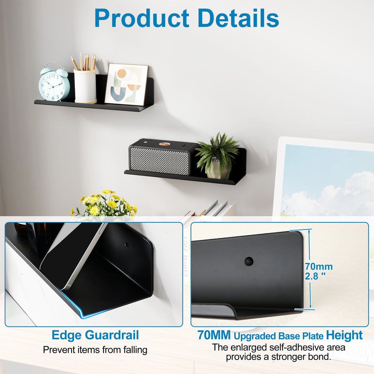 SAYAYO Floating Shelves, Adhesive or Screws Fixing Small Shelf for Wall Picture Book Display Shelves for Living Room, Bedroom, Bathroom, Kitchen, No Drilling, White/ Black, 20CM - 40CM