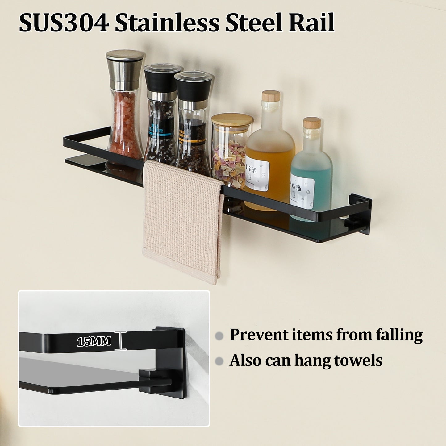 SAYAYO Bathroom Shelf Tempered Glass Shelf Wall Mounted, Black/ Brushed/ Gold Shower Storage with SUS304 Stainless Steel Rail, 38CM/ 50CM/ 60CM Length