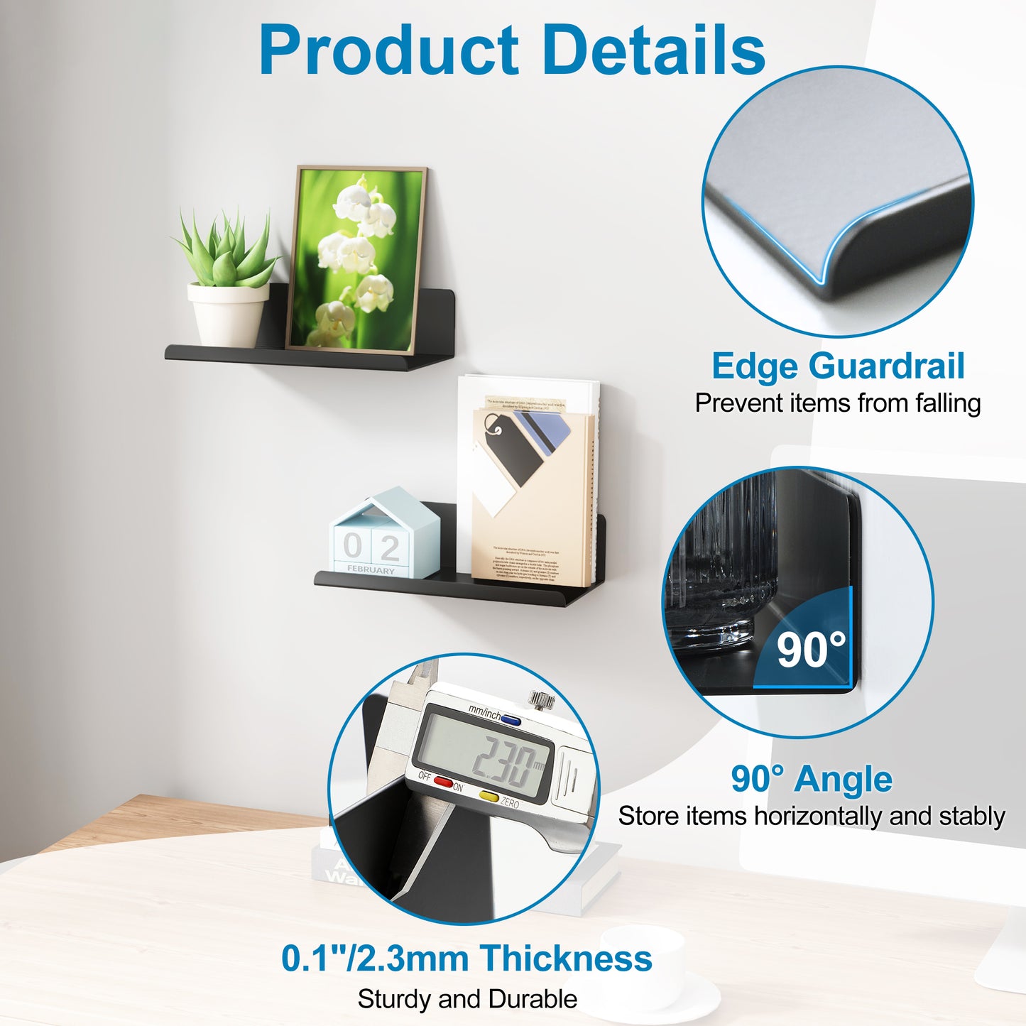 SAYAYO Floating Shelves Self Adhesive, Stick on Wall Display Storage Shelf for Bedroom, Bathroom, Kitchen, Living Room, Office, No Drilling, Set of 2, White/ Black, 20CM - 40CM