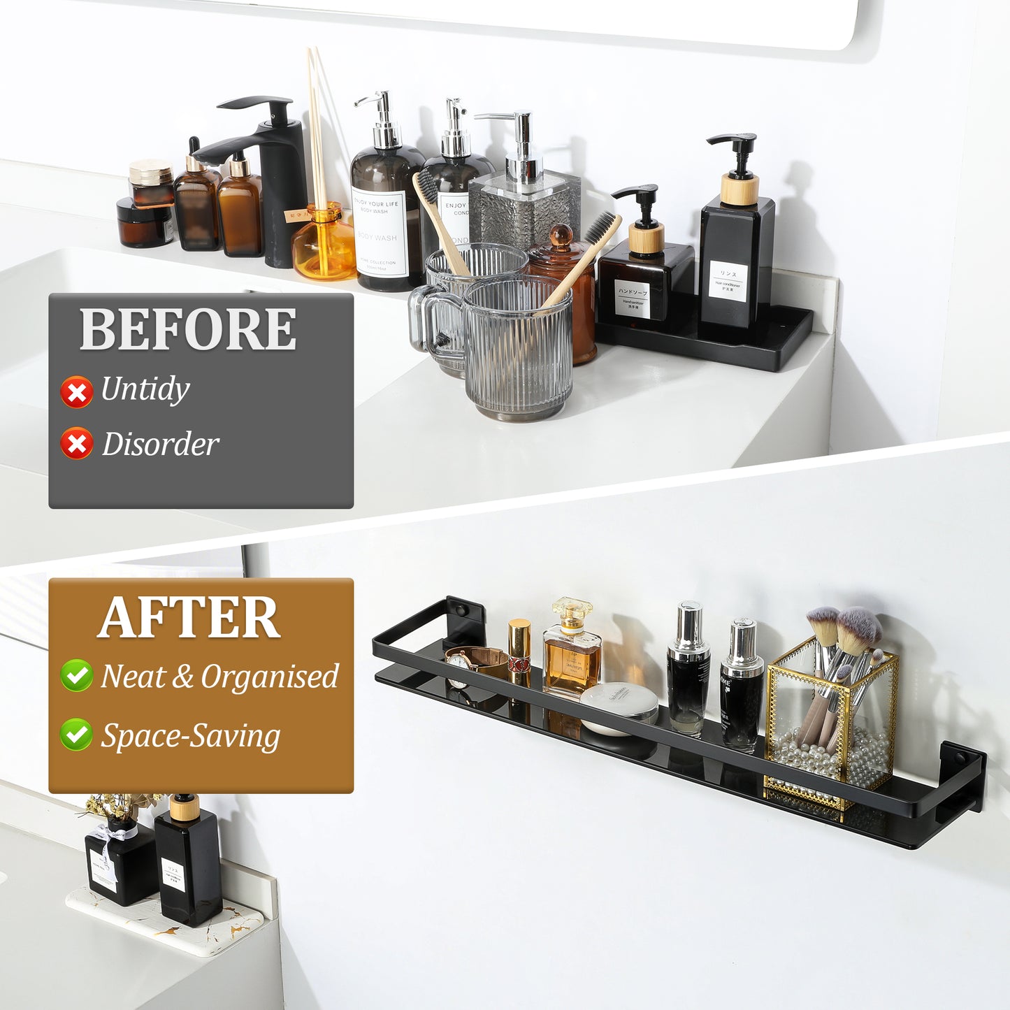 SAYAYO Bathroom Shelf Tempered Glass Shelf Wall Mounted, Black/ Brushed/ Gold Shower Storage with SUS304 Stainless Steel Rail, 38CM/ 50CM/ 60CM Length