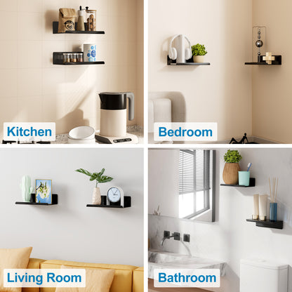 SAYAYO Floating Shelves Self Adhesive, Stick on Wall Display Storage Shelf for Bedroom, Bathroom, Kitchen, Living Room, Office, No Drilling, Set of 2, White/ Black, 20CM - 40CM