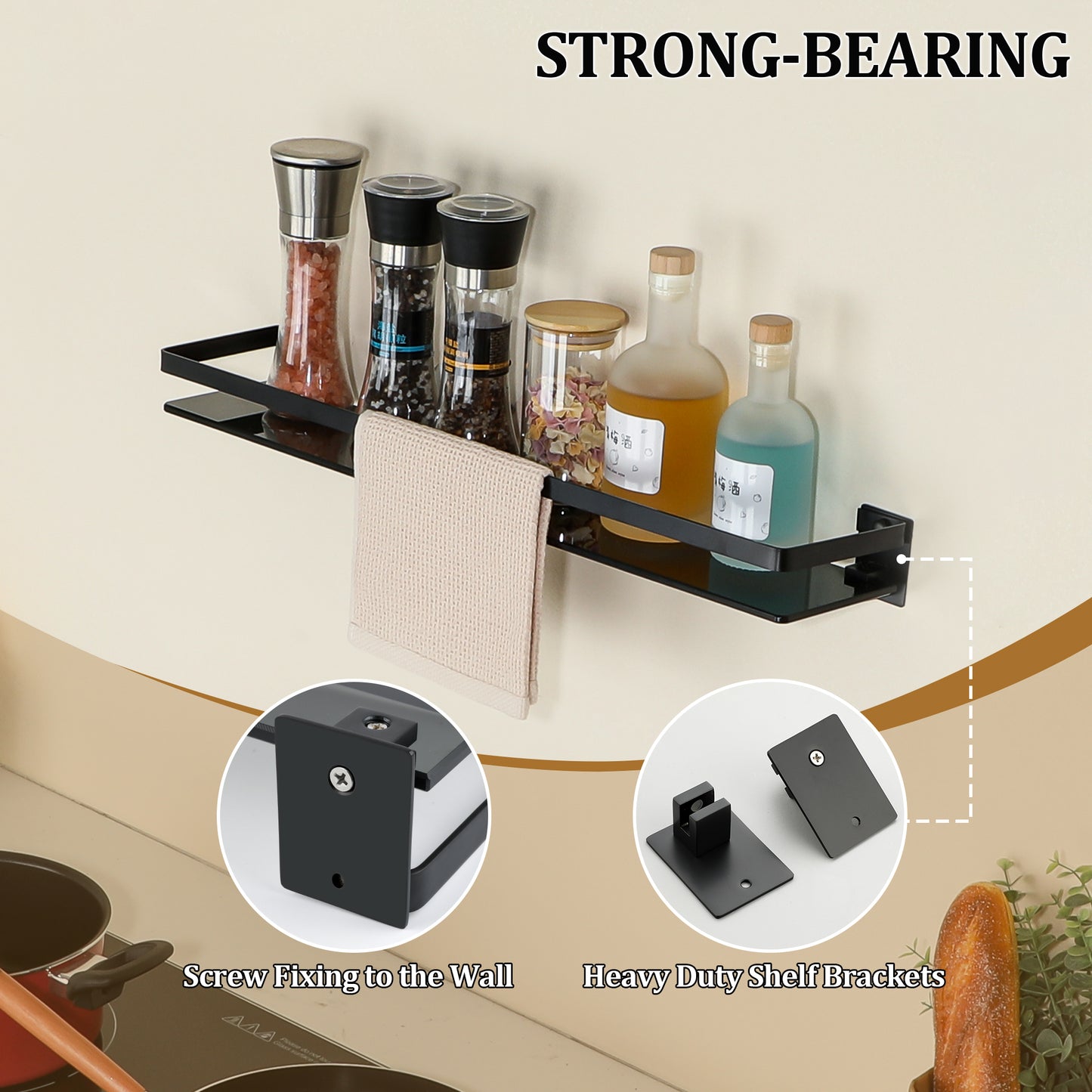 SAYAYO Bathroom Shelf Tempered Glass Shelf Wall Mounted, Black/ Brushed/ Gold Shower Storage with SUS304 Stainless Steel Rail, 38CM/ 50CM/ 60CM Length