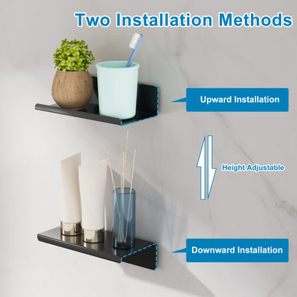 SAYAYO Floating Shelves Self Adhesive, Stick on Wall Display Storage Shelf for Bedroom, Bathroom, Kitchen, Living Room, Office, No Drilling, Set of 2, White/ Black, 20CM - 40CM