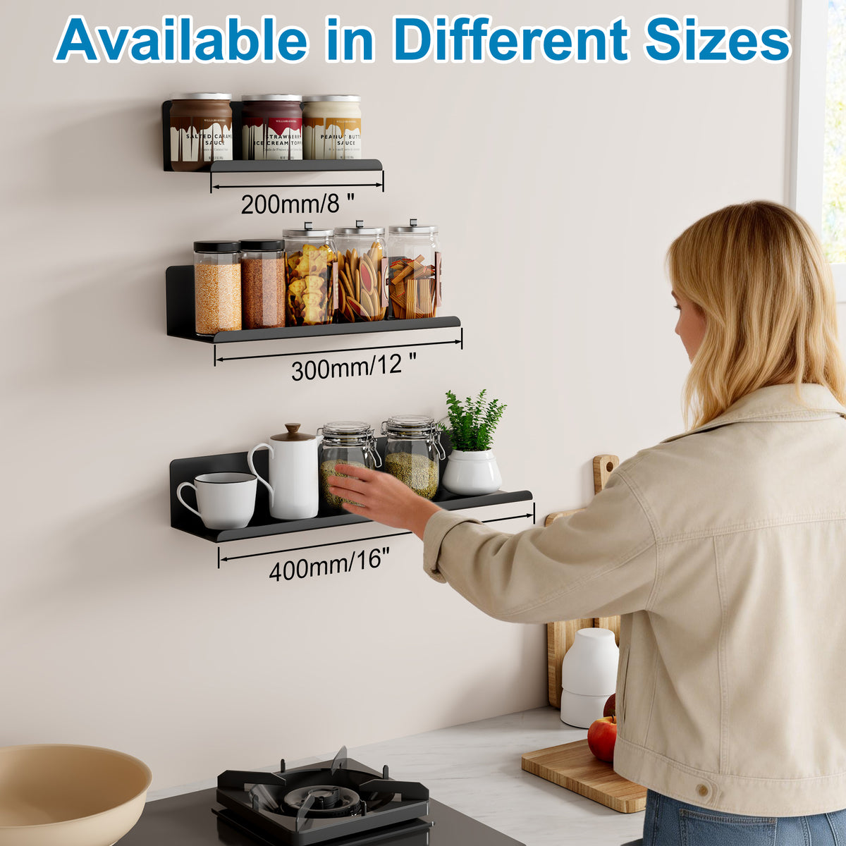 SAYAYO Floating Shelves, Adhesive or Screws Fixing Small Shelf for Wall Picture Book Display Shelves for Living Room, Bedroom, Bathroom, Kitchen, No Drilling, White/ Black, 20CM - 40CM