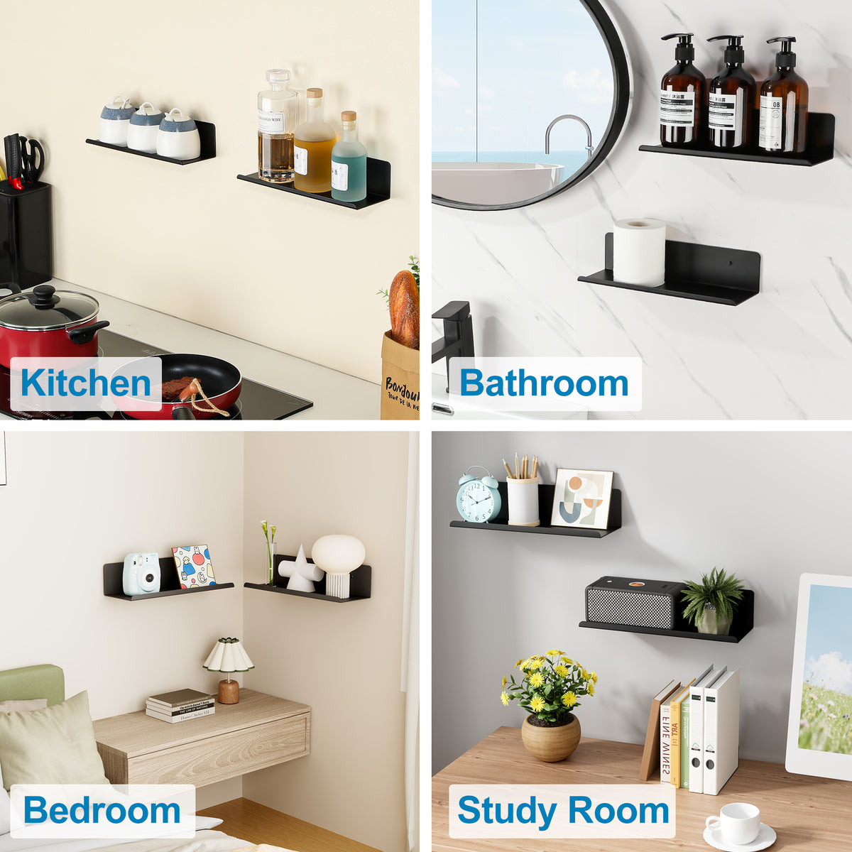SAYAYO Floating Shelves, Adhesive or Screws Fixing Small Shelf for Wall Picture Book Display Shelves for Living Room, Bedroom, Bathroom, Kitchen, No Drilling, White/ Black, 20CM - 40CM