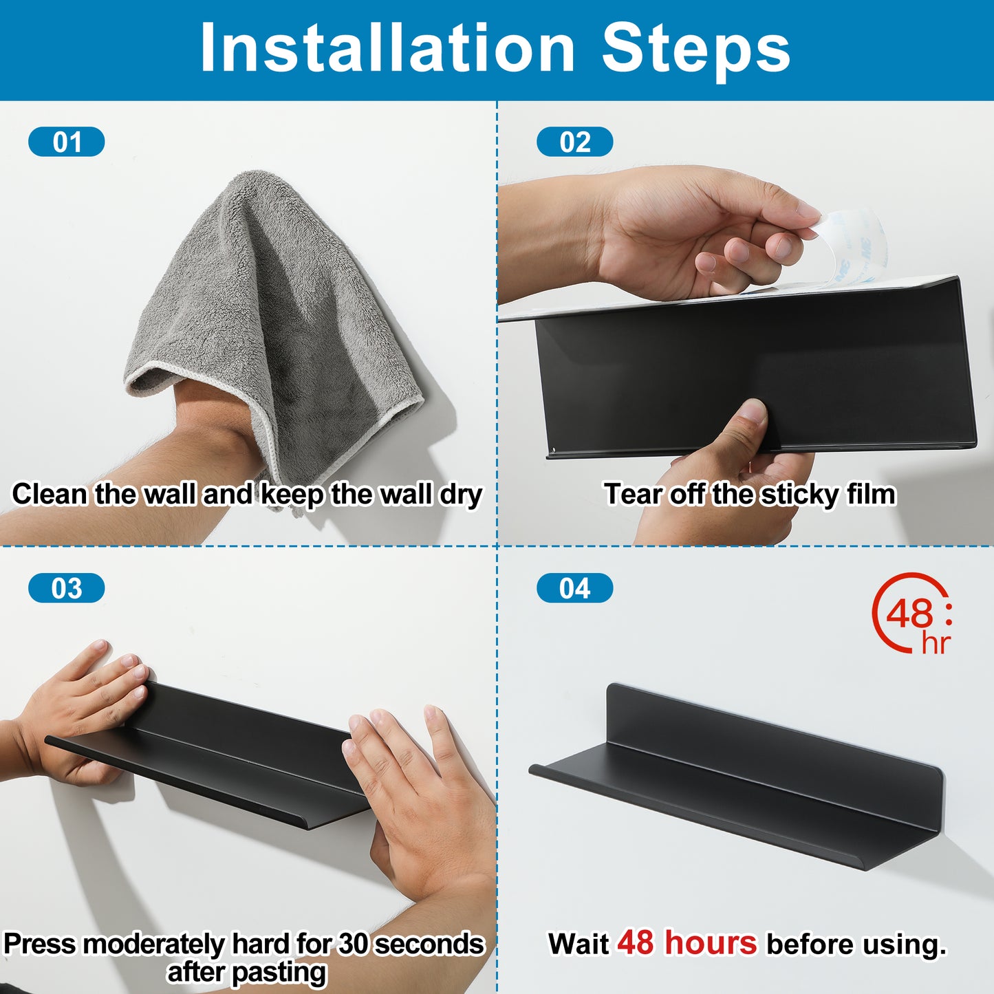 SAYAYO Floating Shelves Self Adhesive, Stick on Wall Display Storage Shelf for Bedroom, Bathroom, Kitchen, Living Room, Office, No Drilling, Set of 2, White/ Black, 20CM - 40CM