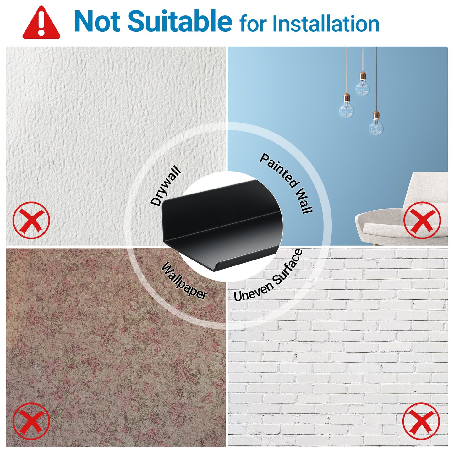 SAYAYO Floating Shelves Self Adhesive, Stick on Wall Display Storage Shelf for Bedroom, Bathroom, Kitchen, Living Room, Office, No Drilling, Set of 2, White/ Black, 20CM - 40CM