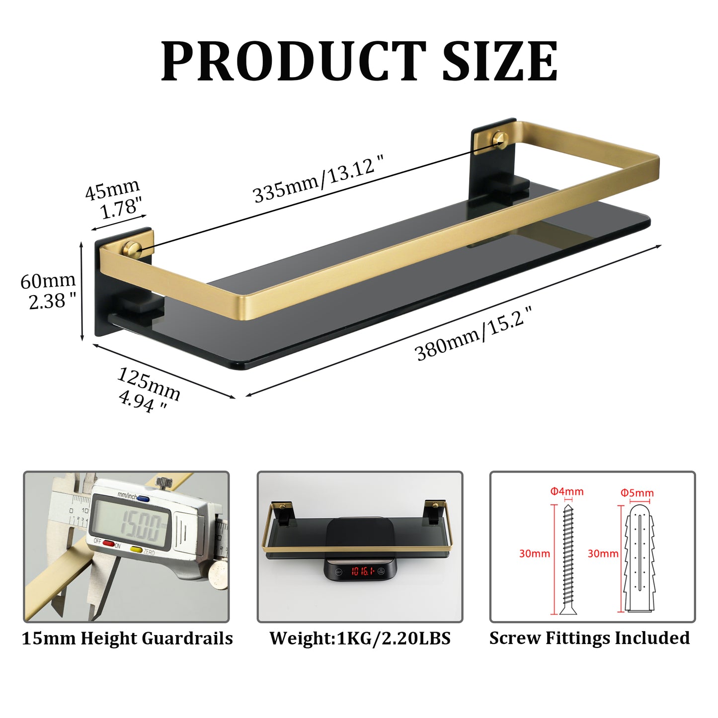SAYAYO Bathroom Shelf Tempered Glass Shelf Wall Mounted, Black/ Brushed/ Gold Shower Storage with SUS304 Stainless Steel Rail, 38CM/ 50CM/ 60CM Length