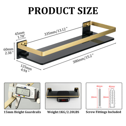 SAYAYO Bathroom Shelf Tempered Glass Shelf Wall Mounted, Black/ Brushed/ Gold Shower Storage with SUS304 Stainless Steel Rail, 38CM/ 50CM/ 60CM Length