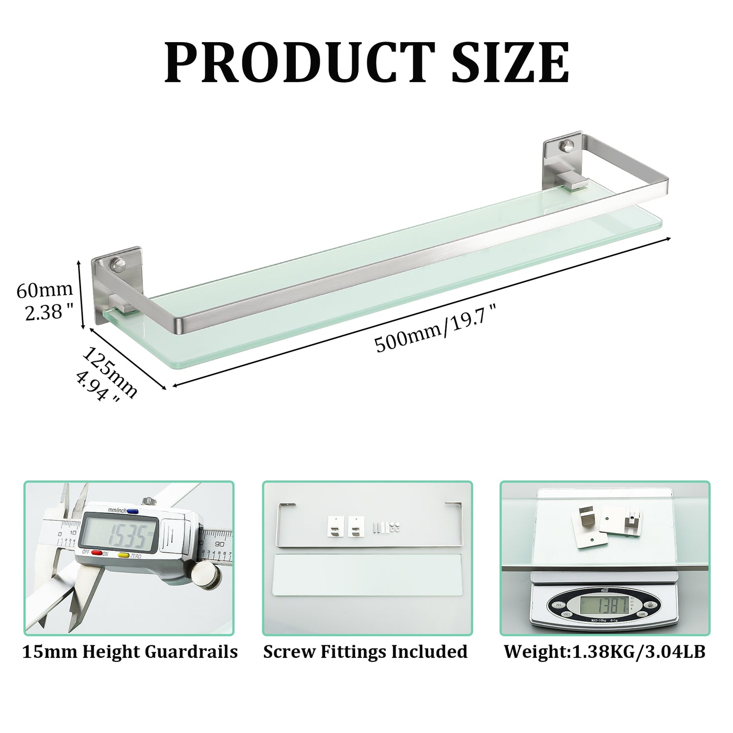 SAYAYO Bathroom Shelf Tempered Glass Shelf Wall Mounted, Black/ Brushed/ Gold Shower Storage with SUS304 Stainless Steel Rail, 38CM/ 50CM/ 60CM Length