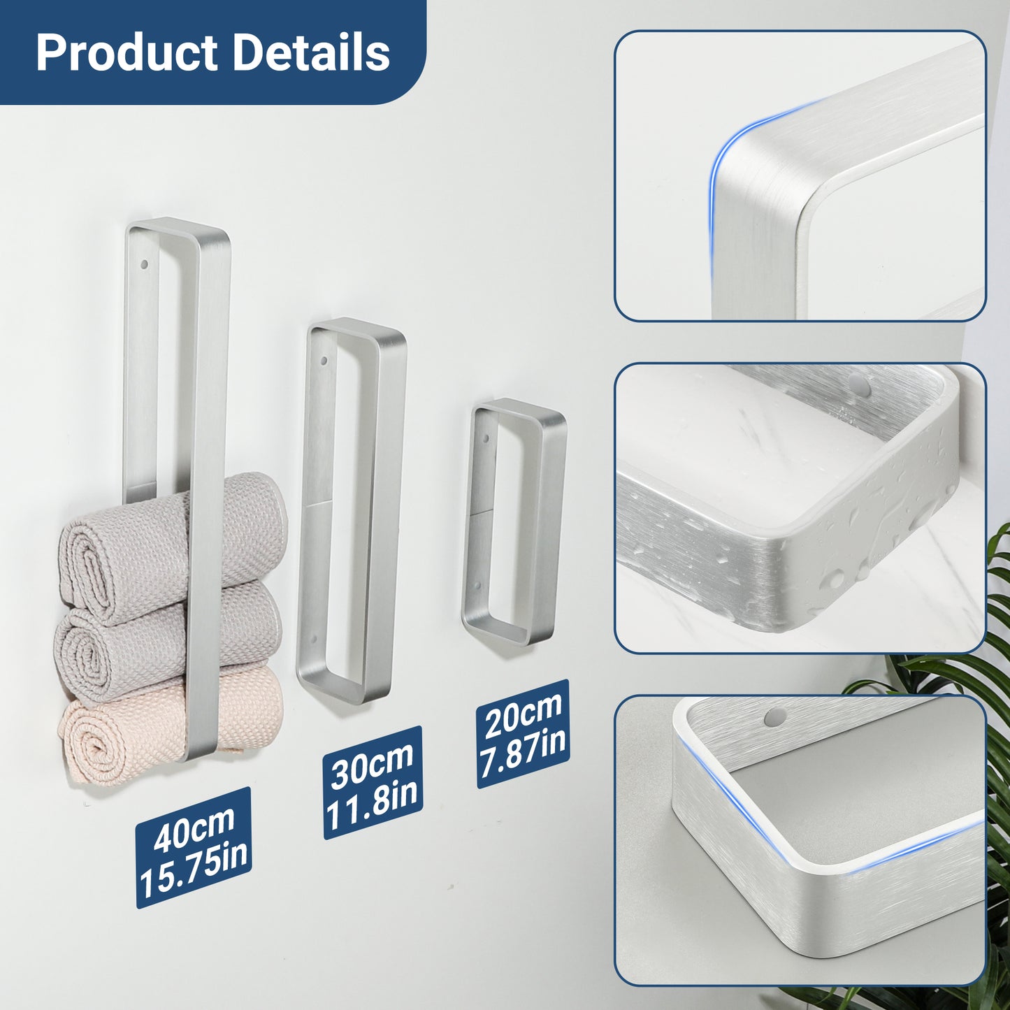 SAYAYO Hand Towel Holder Self Adhesive Towel Rail Towel Rack Wall Mounted Towel Ring No Drilling for Bathroom, 20cm - 70cm, 8 Inch - 28 Inch, Black, Brushed, White, Gold