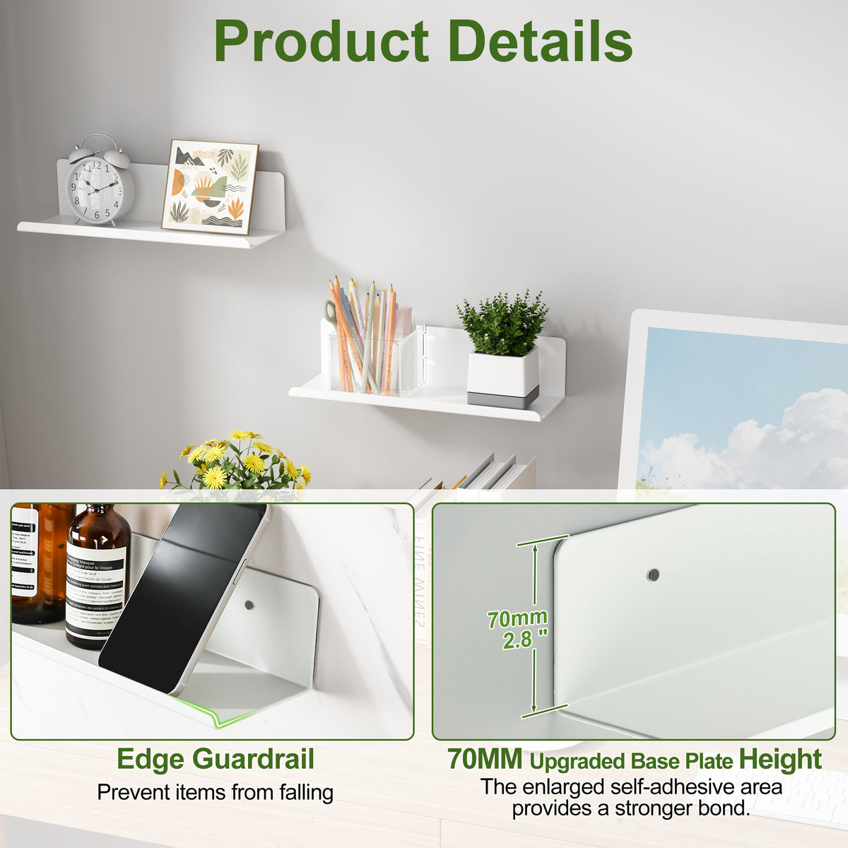 SAYAYO Floating Shelves, Adhesive or Screws Fixing Small Shelf for Wall Picture Book Display Shelves for Living Room, Bedroom, Bathroom, Kitchen, No Drilling, White/ Black, 20CM - 40CM