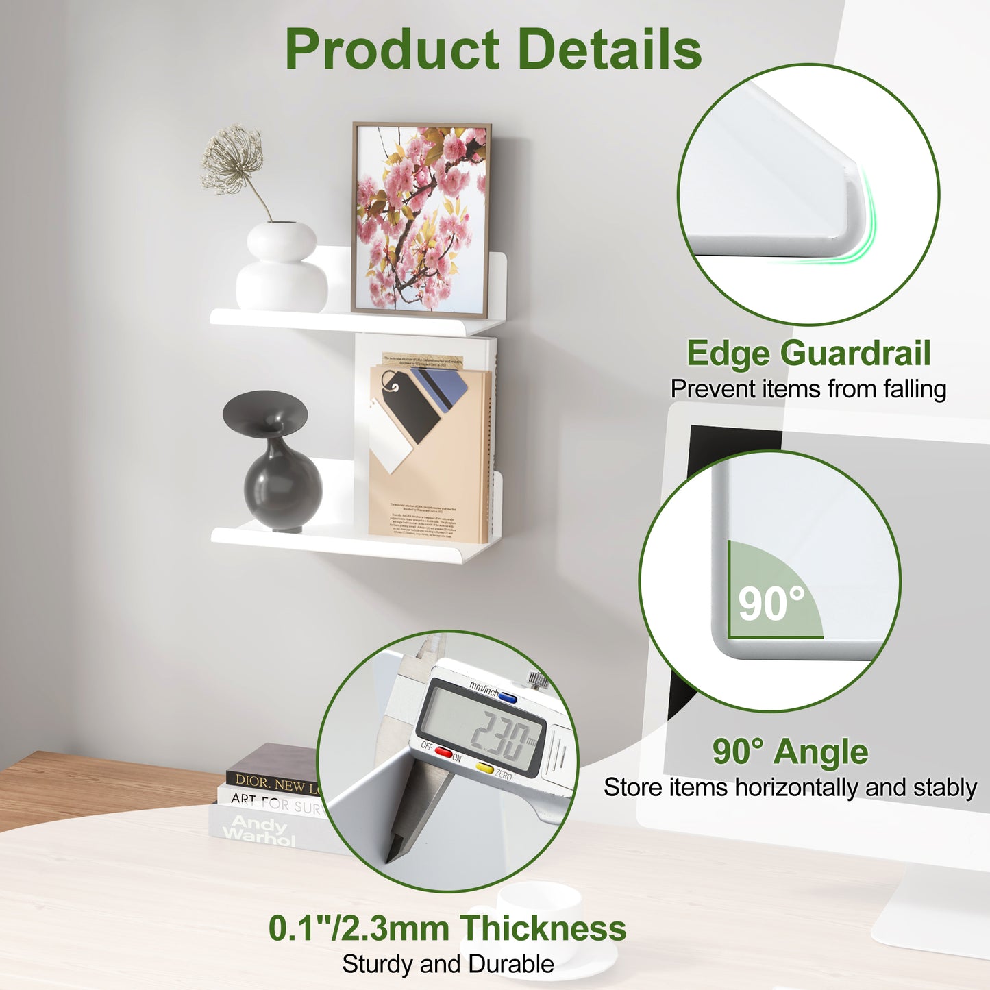 SAYAYO Floating Shelves Self Adhesive, Stick on Wall Display Storage Shelf for Bedroom, Bathroom, Kitchen, Living Room, Office, No Drilling, Set of 2, White/ Black, 20CM - 40CM