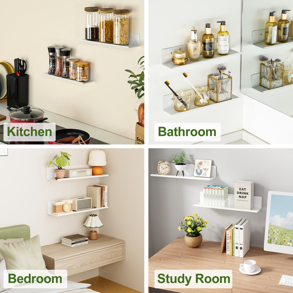 SAYAYO Floating Shelves, Adhesive or Screws Fixing Small Shelf for Wall Picture Book Display Shelves for Living Room, Bedroom, Bathroom, Kitchen, No Drilling, White/ Black, 20CM - 40CM