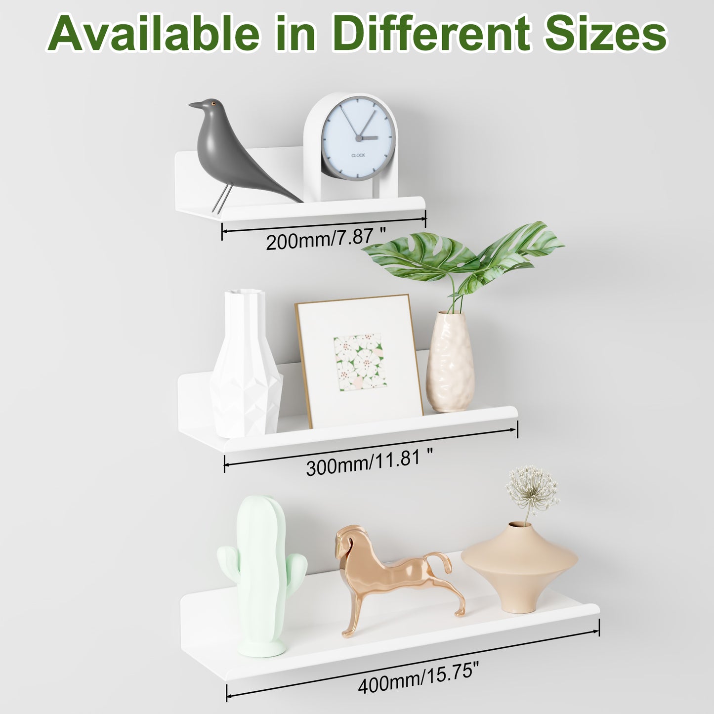 SAYAYO Floating Shelves Self Adhesive, Stick on Wall Display Storage Shelf for Bedroom, Bathroom, Kitchen, Living Room, Office, No Drilling, Set of 2, White/ Black, 20CM - 40CM