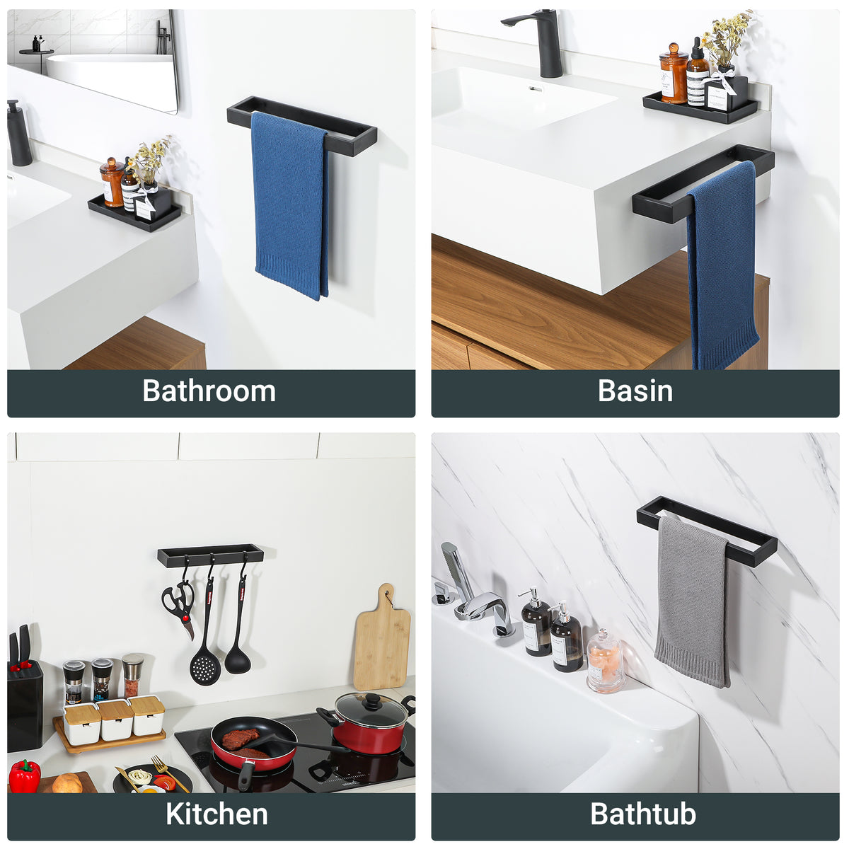 SAYAYO Hand Towel Holder Wall Mounted Black Towel Rail Self Adhesive or Screw Fixing Towel Ring for Bathroom Kitchen, SUS304 Stainless Steel Waterproof & Rustproof 20CM - 70CM