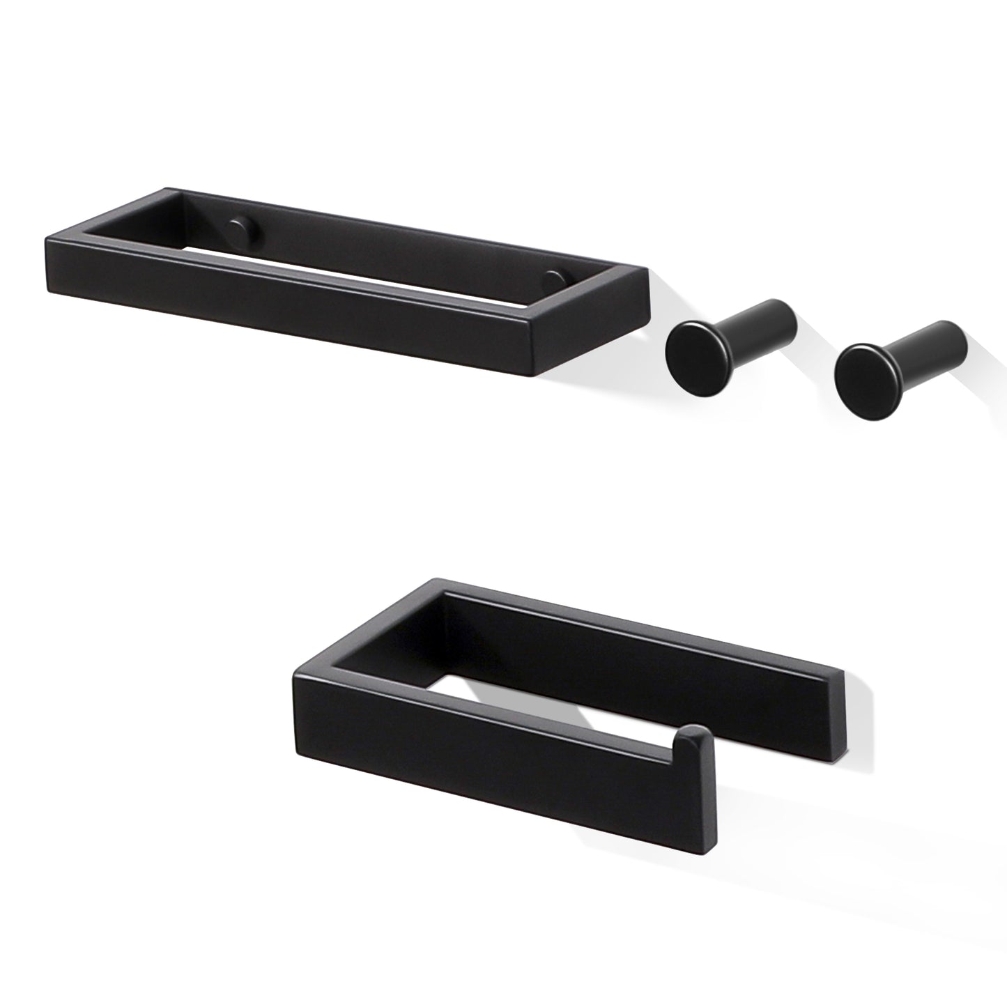 SAYAYO 4-Piece Black Bathroom Accessory Set 6 Inch/ 15 CM Toilet Roll Holder Wall Mounted, 8 Inch/ 12 Inch, 20CM/ 30CM Towel Rail Hand Towel Holder and 2Pcs Coat Hooks for Hanging, SUS304 Stainless Steel