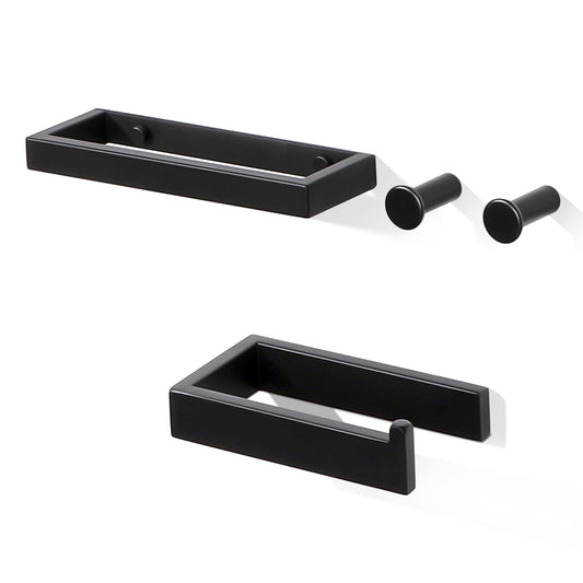 SAYAYO 4-Piece Black Bathroom Accessory Set 6 Inch/ 15 CM Toilet Roll Holder Wall Mounted, 8 Inch/ 12 Inch, 20CM/ 30CM Towel Rail Hand Towel Holder and 2Pcs Coat Hooks for Hanging, SUS304 Stainless Steel