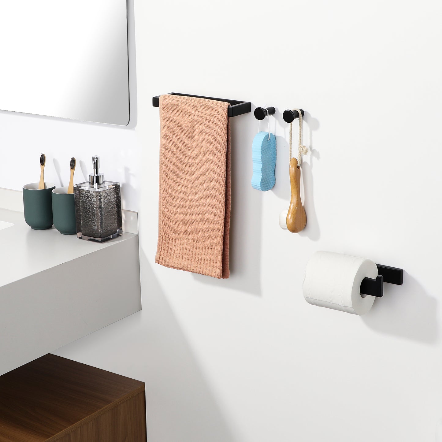 SAYAYO 4-Piece Black Bathroom Accessory Set 6 Inch/ 15 CM Toilet Roll Holder Wall Mounted, 8 Inch/ 12 Inch, 20CM/ 30CM Towel Rail Hand Towel Holder and 2Pcs Coat Hooks for Hanging, SUS304 Stainless Steel