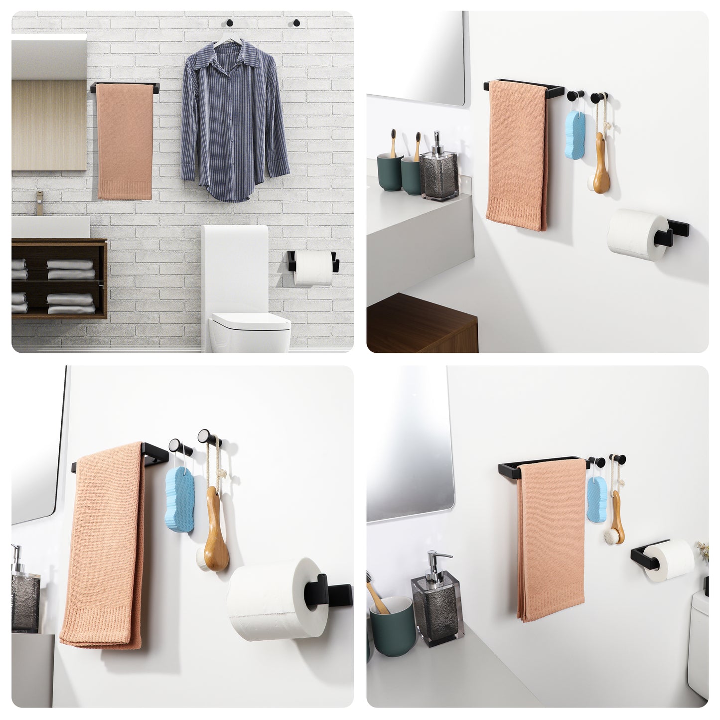 SAYAYO 4-Piece Black Bathroom Accessory Set 6 Inch/ 15 CM Toilet Roll Holder Wall Mounted, 8 Inch/ 12 Inch, 20CM/ 30CM Towel Rail Hand Towel Holder and 2Pcs Coat Hooks for Hanging, SUS304 Stainless Steel
