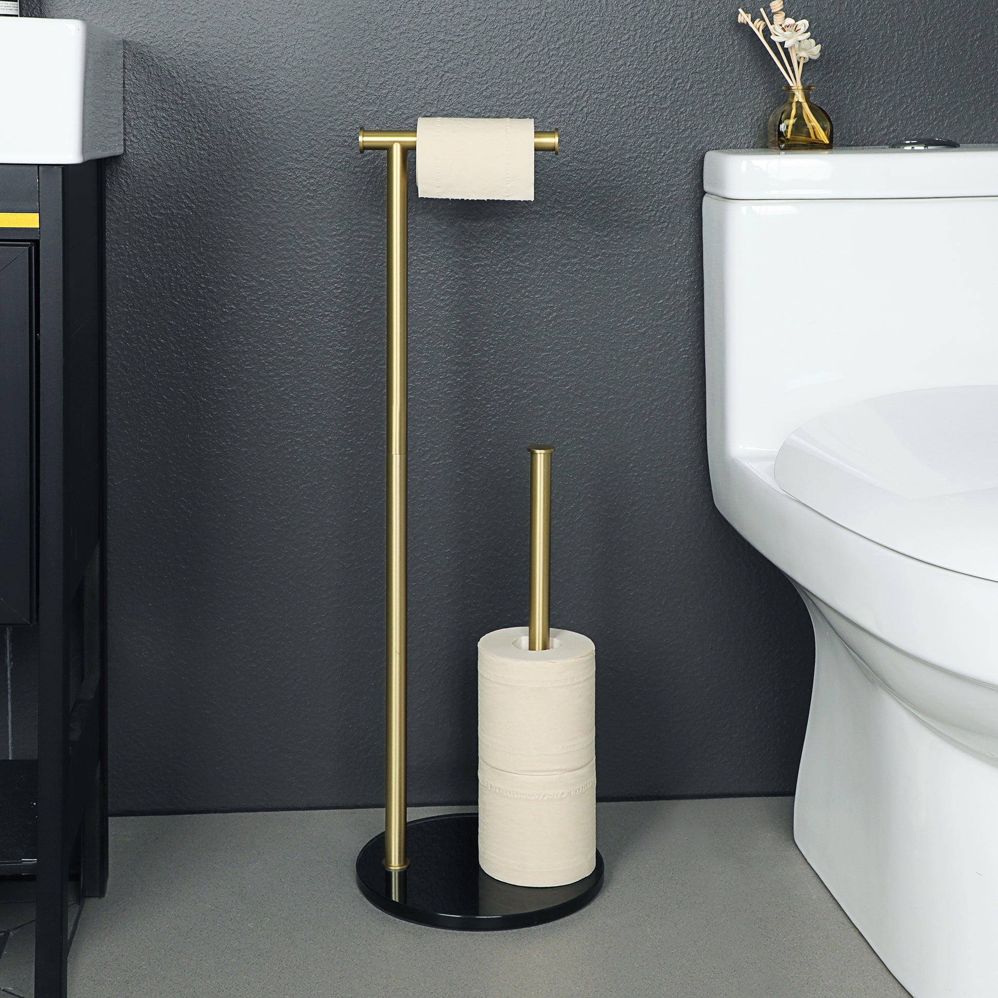 Floor Standing Toilet Paper Holder Black Toilet Roll Holder for Bathroom  304 Stainless Steel Pole 12MM Thick Tempered Glass Base