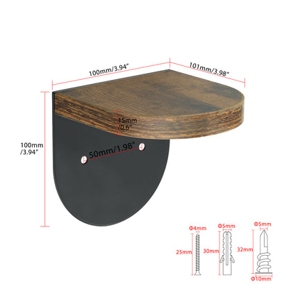 SAYAYO Small Floating Shelves for Wall Set of 4, Round Wooden Wall Shelves with White/ Black Sticky Metal Brackets for Small Objects, Rustic Decor for Bedroom, Living Room, Screw in/ Self Adhesive, 10x10cm