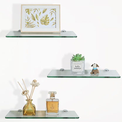 SAYAYO Glass Floating Shelves, Bathroom Shelf Wall Mounted with Chromed Shelf Brackets for Home Kitchen Bedroom Decor 30CM/12 Inch, 6MM Tempered Transparent Glass Shelf