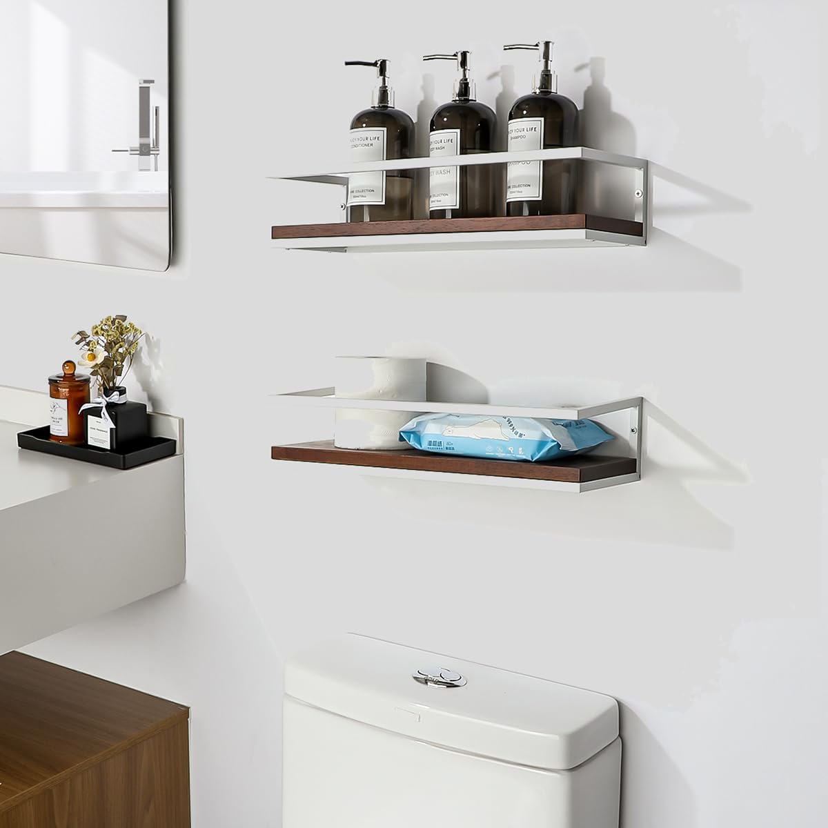 SAYAYO 40 CM Wooden Wall Shelves, Set of 2 Wooden Bathroom Shelves, Wall-Mounted Shelf for Books, Plants, Wall Shelves for Kitchen, Bathroom, Living Room, Study