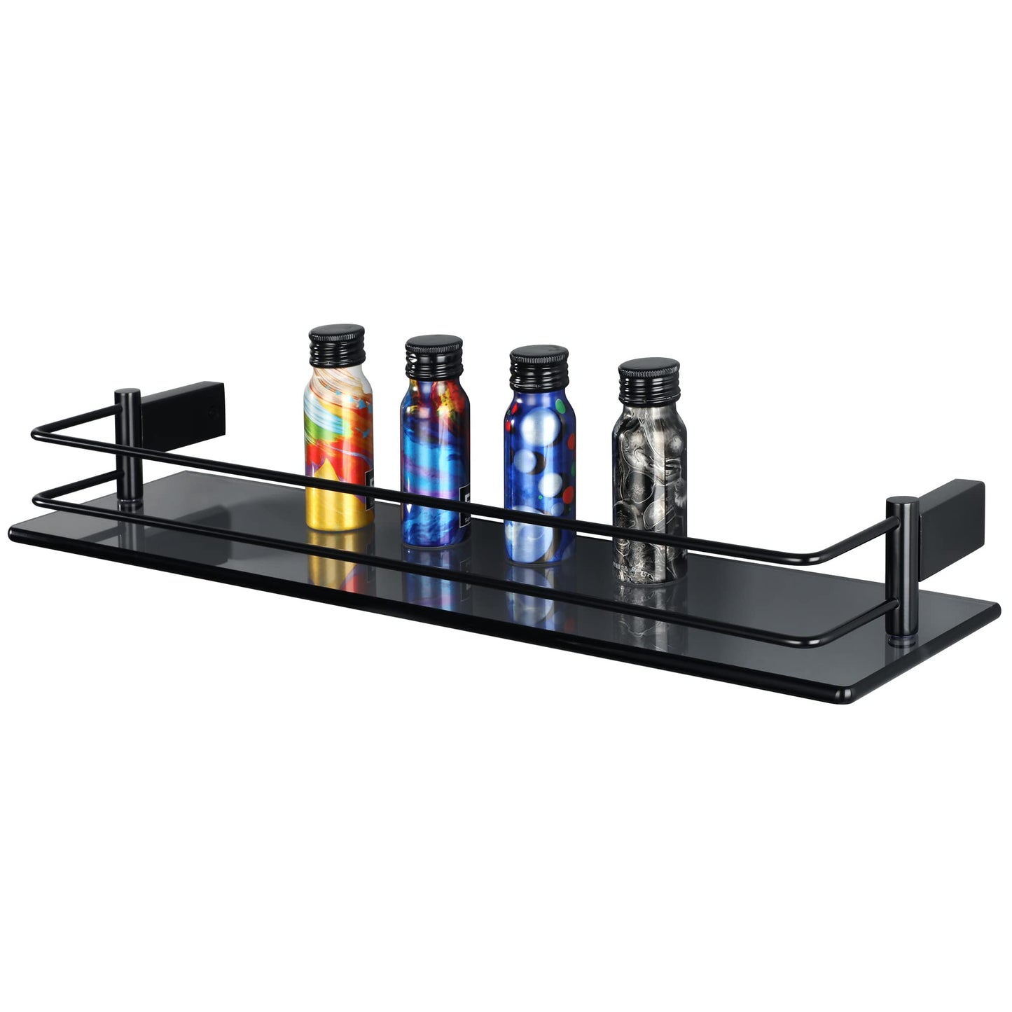 SAYAYO Bathroom Shelf Tempered Glass Shelf with Rail Wall Mounted Stainless Steel Chromed/ Black/ Brushed Finished, 40cm, 50cm, 60cm (16inch - 24inch)