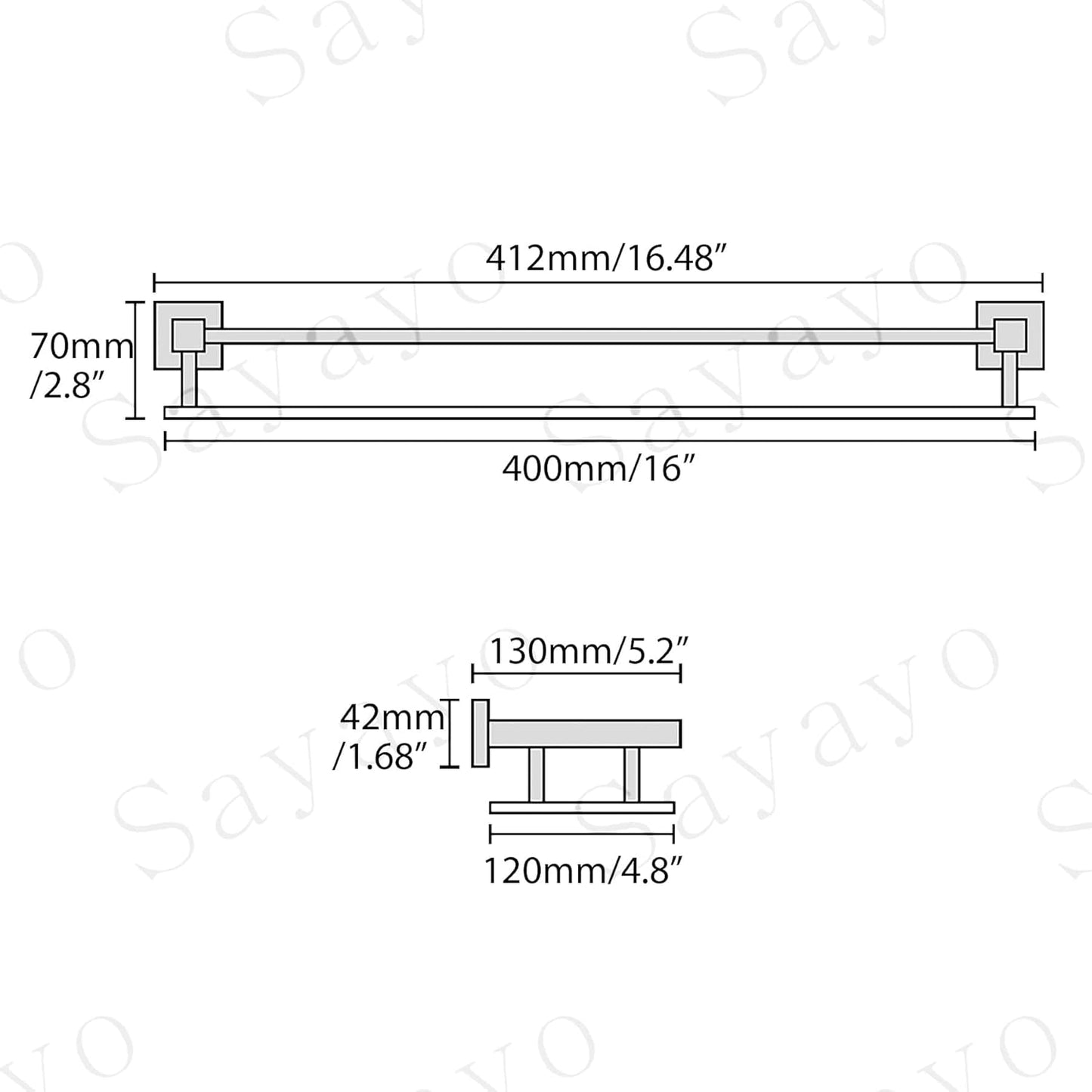 SAYAYO Bathroom Shelf Tempered Glass Shelf with Square Rail Wall Mounted, Stainless Steel Chromed/ Black Finished, 16 Inch, 20 Inch, 24 Inch (40cm, 50cm, 60cm)