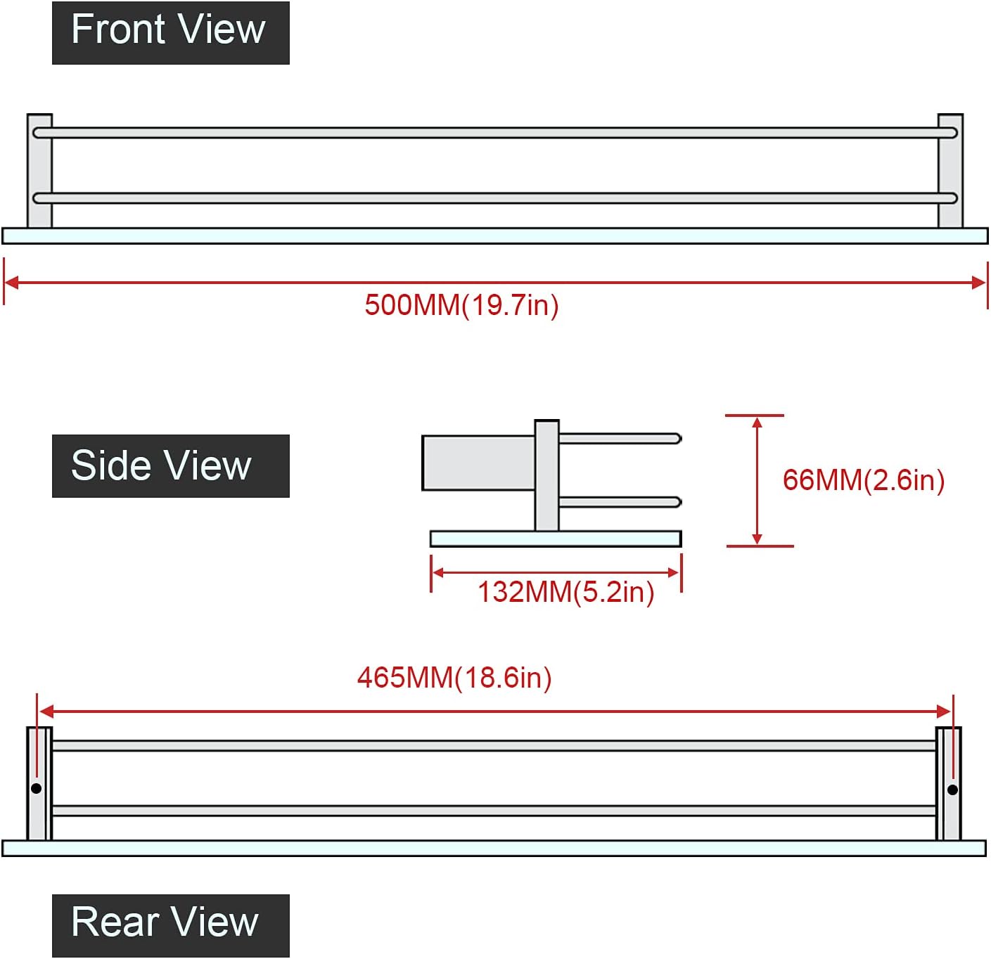 SAYAYO Bathroom Shelf Tempered Glass Shelf with Rail Wall Mounted Stainless Steel Chromed/ Black/ Brushed Finished, 40cm, 50cm, 60cm (16inch - 24inch)