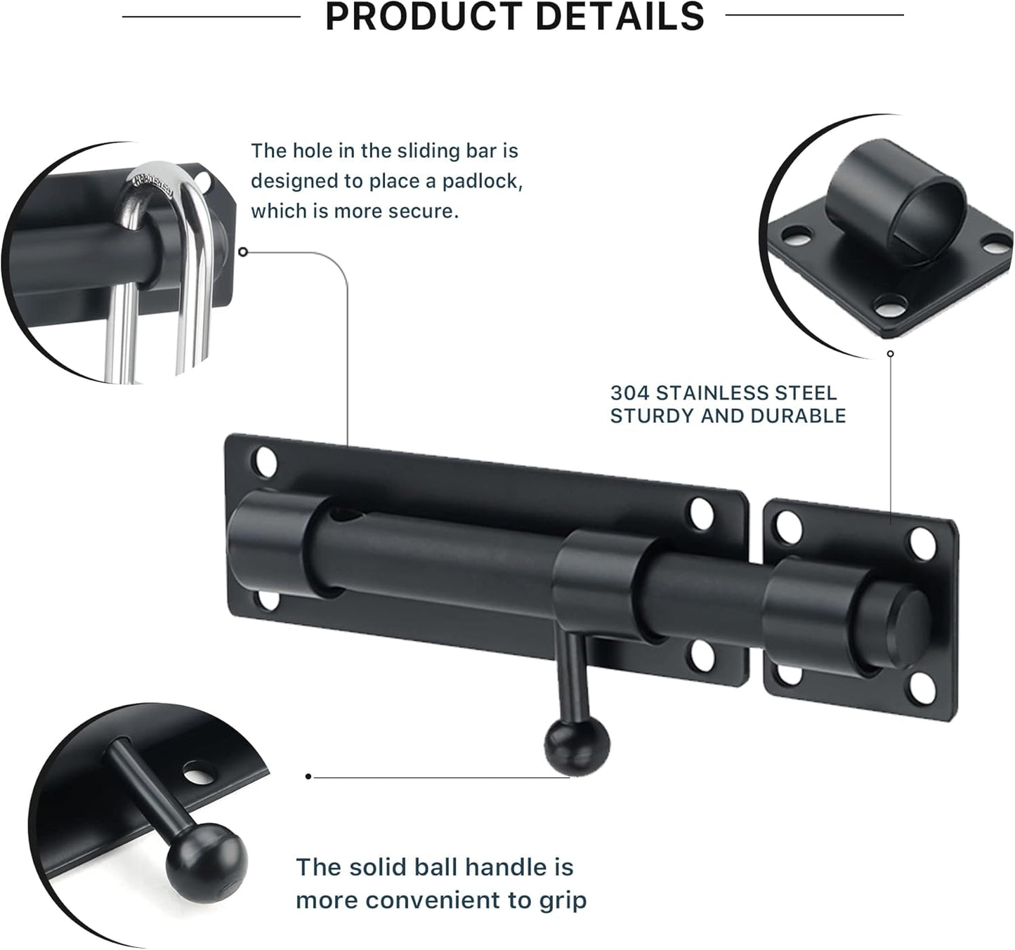 Sayayo Slide Gate Latch Bolt Safety Door Lock with Padlock Hole 150MM Length, 16MM Dia Bar, Heavy Duty Solid SUS304 Stainless Steel Matte Black(Not Include Padlock), 150MM, 180MM, 230MM