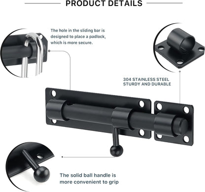 Sayayo Slide Gate Latch Bolt Safety Door Lock with Padlock Hole 150MM Length, 16MM Dia Bar, Heavy Duty Solid SUS304 Stainless Steel Matte Black(Not Include Padlock), 150MM, 180MM, 230MM