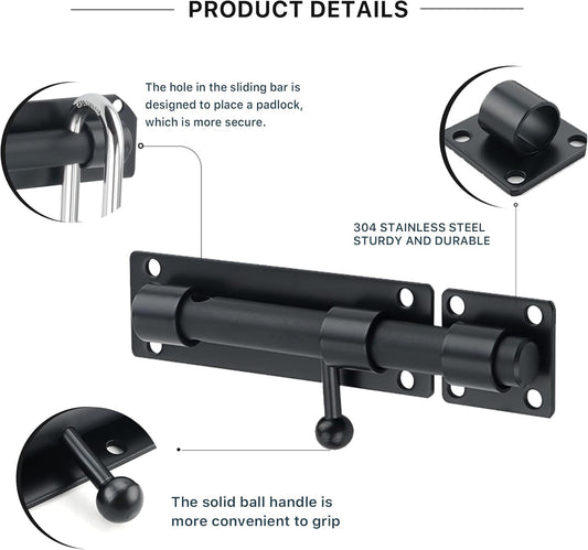 Sayayo Slide Gate Latch Bolt Safety Door Lock with Padlock Hole 150MM Length, 16MM Dia Bar, Heavy Duty Solid SUS304 Stainless Steel Matte Black(Not Include Padlock), 150MM, 180MM, 230MM