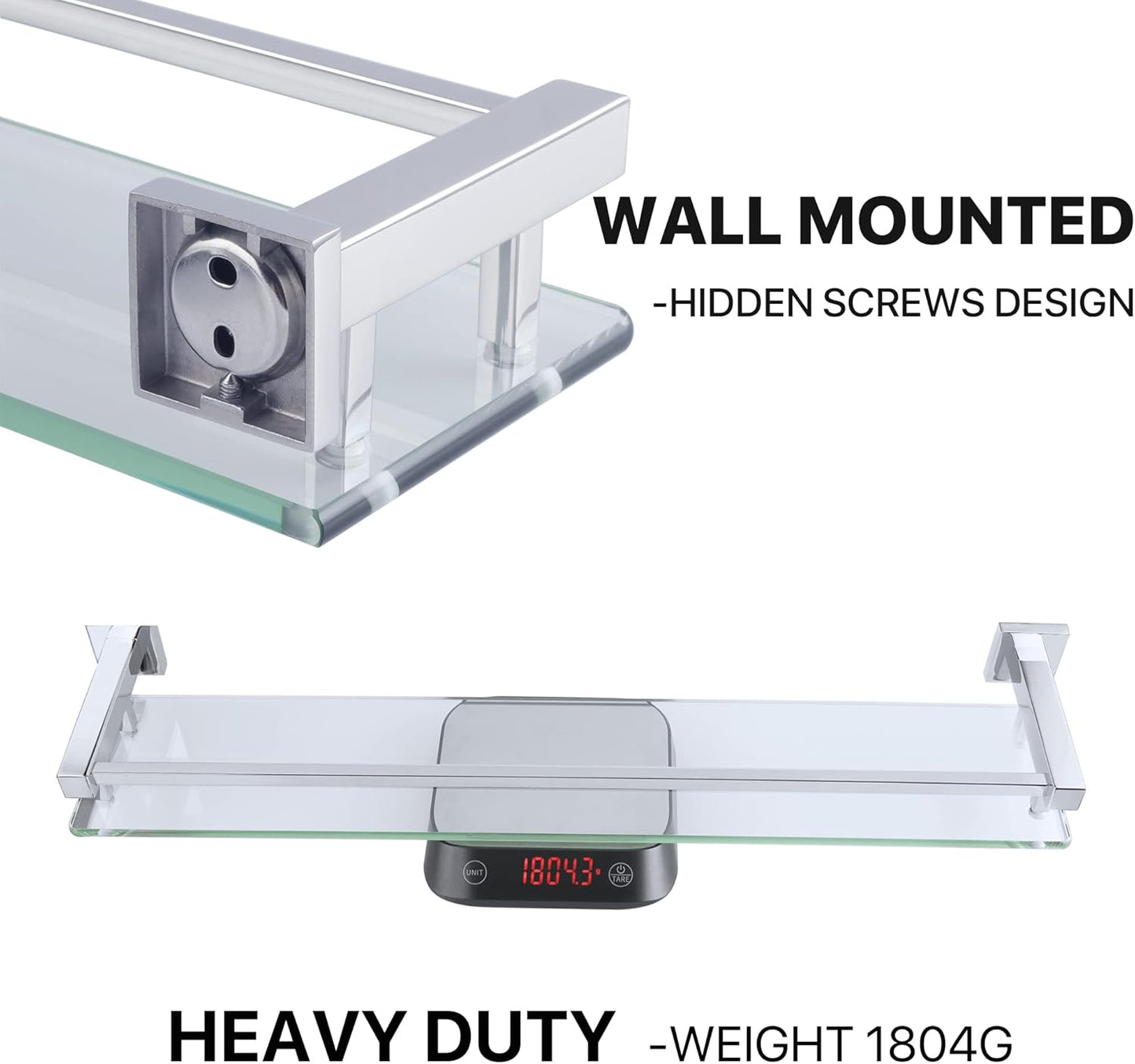 SAYAYO Bathroom Shelf Tempered Glass Shelf with Square Rail Wall Mounted, Stainless Steel Chromed/ Black Finished, 16 Inch, 20 Inch, 24 Inch (40cm, 50cm, 60cm)