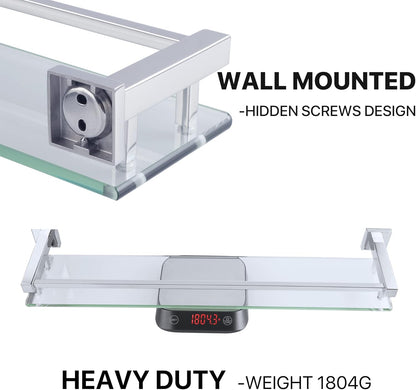 SAYAYO Bathroom Shelf Tempered Glass Shelf with Square Rail Wall Mounted, Stainless Steel Chromed/ Black Finished, 16 Inch, 20 Inch, 24 Inch (40cm, 50cm, 60cm)