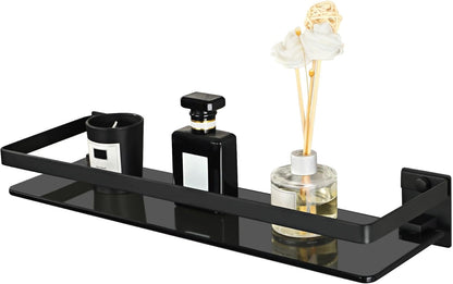 SAYAYO Bathroom Shelf Tempered Glass Shelf Wall Mounted, Black/ Brushed/ Gold Shower Storage with SUS304 Stainless Steel Rail, 38CM/ 50CM/ 60CM Length