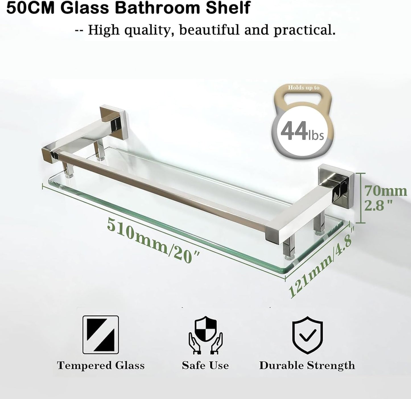 SAYAYO Bathroom Shelf Tempered Glass Shelf with Square Rail Wall Mounted, Stainless Steel Chromed/ Black Finished, 16 Inch, 20 Inch, 24 Inch (40cm, 50cm, 60cm)