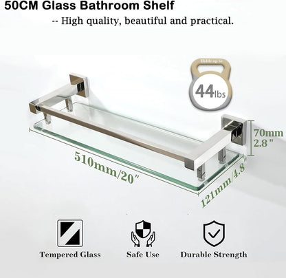 SAYAYO Bathroom Shelf Tempered Glass Shelf with Square Rail Wall Mounted, Stainless Steel Chromed/ Black Finished, 16 Inch, 20 Inch, 24 Inch (40cm, 50cm, 60cm)