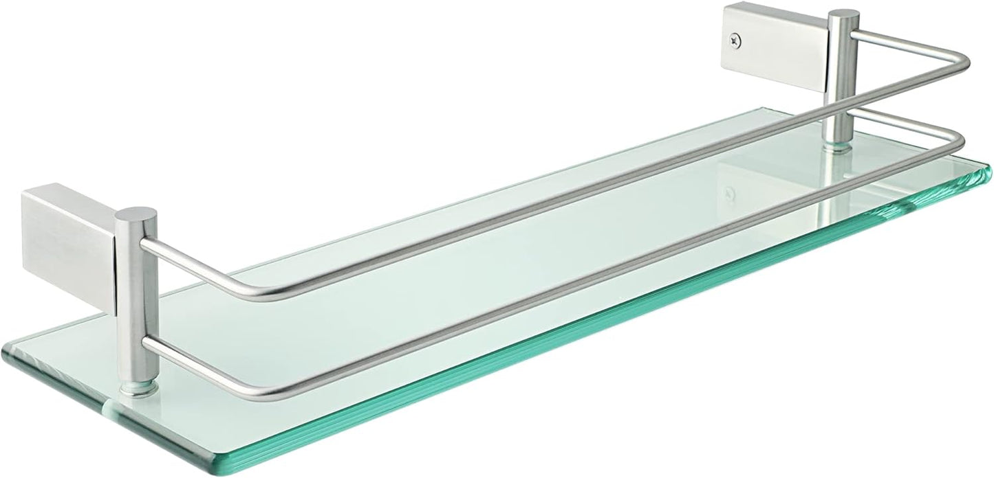 SAYAYO Bathroom Shelf Tempered Glass Shelf with Rail Wall Mounted Stainless Steel Chromed/ Black/ Brushed Finished, 40cm, 50cm, 60cm (16inch - 24inch)