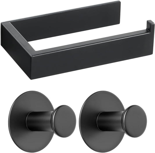 SAYAYO Toilet Roll Holder Self Adhesive Sticky on 2 Hooks for Hanging Towels Wall Hook Toilet Paper Holder Without Screws No Drill for Bathroom Kitchen SUS304 Stainless Steel Bathroom set