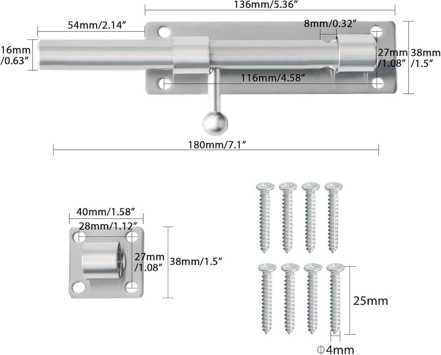 Sayayo Slide Gate Latch Bolt Safety Door Lock with Padlock Hole 150MM Length, 16MM Dia Bar, Heavy Duty Solid SUS304 Stainless Steel Matte Black(Not Include Padlock), 150MM, 180MM, 230MM