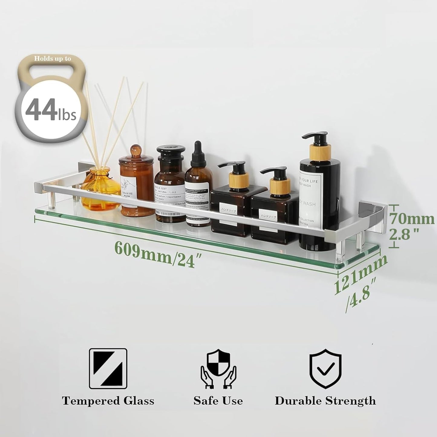 SAYAYO Bathroom Shelf Tempered Glass Shelf with Square Rail Wall Mounted, Stainless Steel Chromed/ Black Finished, 16 Inch, 20 Inch, 24 Inch (40cm, 50cm, 60cm)