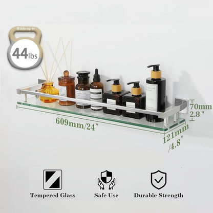 SAYAYO Bathroom Shelf Tempered Glass Shelf with Square Rail Wall Mounted, Stainless Steel Chromed/ Black Finished, 16 Inch, 20 Inch, 24 Inch (40cm, 50cm, 60cm)